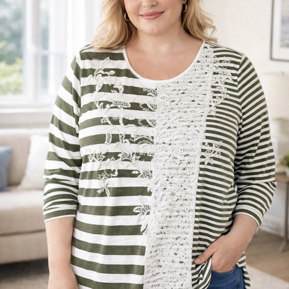 Plus-Size Olive Stripe Lace-Accent Scoop Neck Top XL